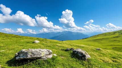 Sunny Mountain Meadow Landscape with Wildflowers and Rocks