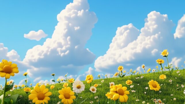 Sunny Field of Yellow Flowers and Fluffy White Clouds