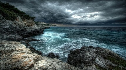 Obraz premium Dramatic coastal scene; stormy clouds over rocky shore; powerful waves crashing; nature backdrop