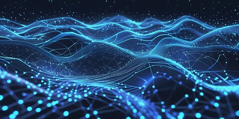 A futuristic 3D digital wave composed of glowing blue interconnected nodes and lines, symbolizing artificial intelligence, big data, quantum computing, and advanced network technology.

