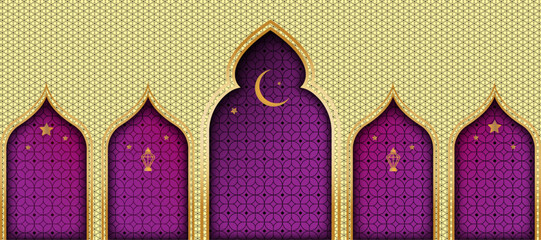 Islamic banner design | Pattern shape with pen tool effect for eid, ramadan, greeting, card, decoration, flyer with citron colour | Elegant abstract luxury background with star, moon, shadow 
