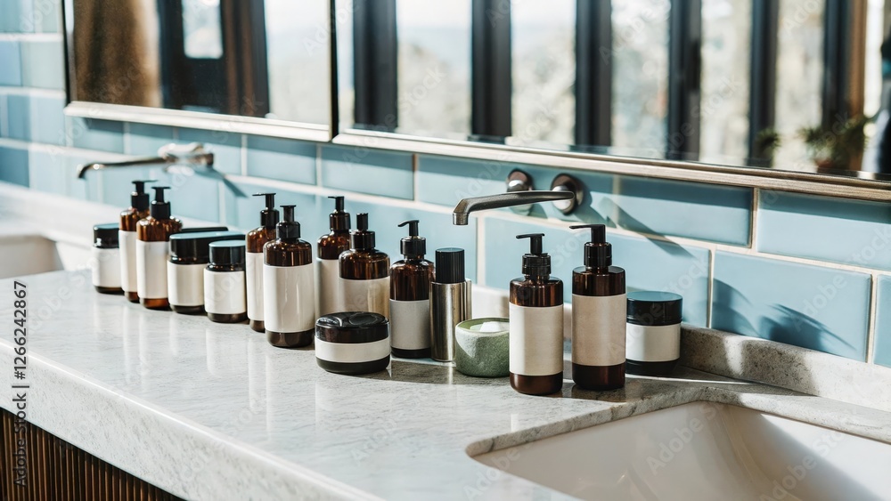 Poster an array of personalized skincare products infused with tailored formulas based on genetic skin type