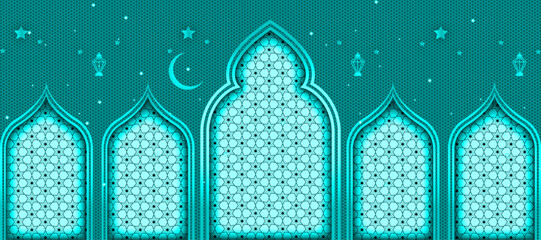 Islamic banner design | Pattern shape with pen tool effect for eid, ramadan, greeting, card, decoration, flyer with teal colour | Elegant abstract luxury background with star, moon, shadow 