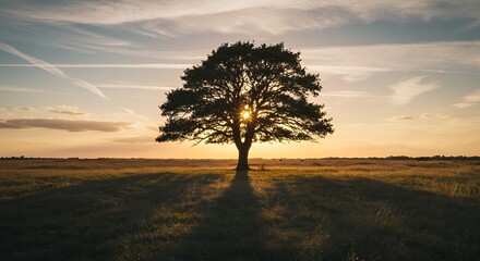 Fototapeta premium Lone Tree Silhouette at Sunset Radiating Warm Light in Open Field