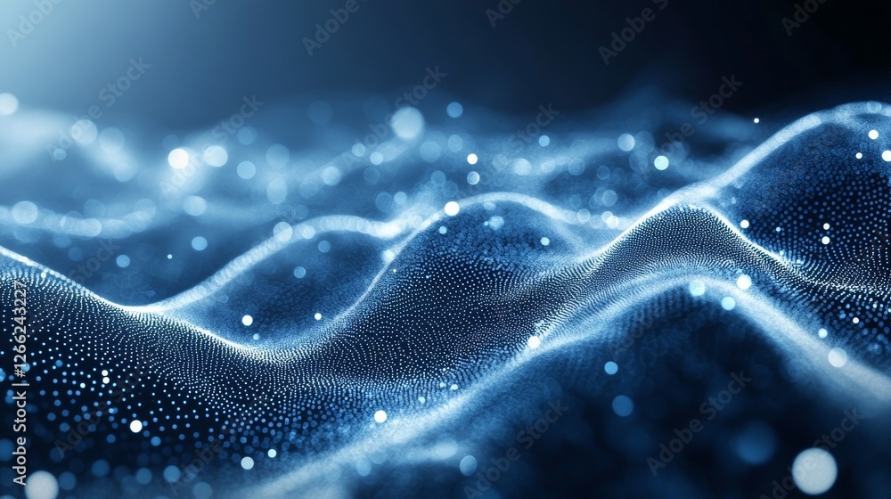 Poster abstract blue dot wave: digital particle landscape with glowing bokeh, technology background for vis