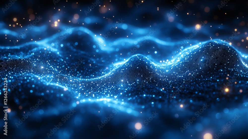Poster abstract blue energy wave: glowing particle field with dynamic wavy surface and sparkling lights, cr