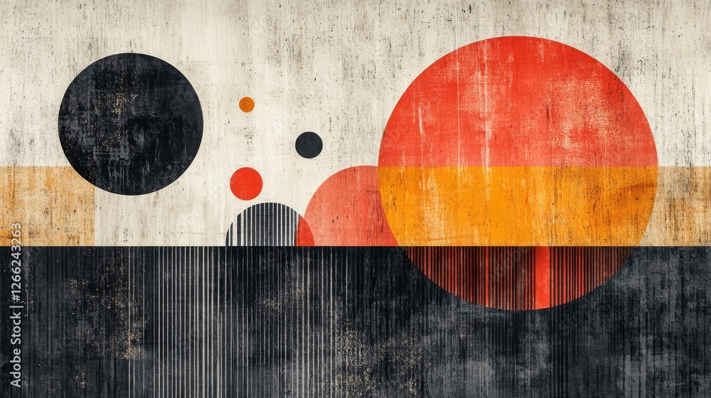 Poster abstract geometric composition: textured circles and lines in a contemporary art style with bold col
