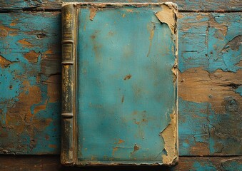 Antique teal book rests on weathered wooden surface