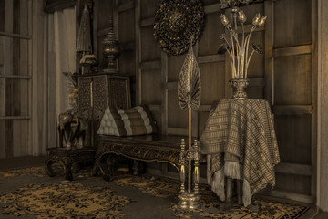 Infrared photography, a cozy interior scene with a vintage and ornate design