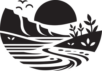 Stylized landscape with river, sun, and birds.