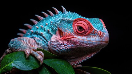 Fototapeta premium Blue lizard portrait, exotic pet, dark background, nature study