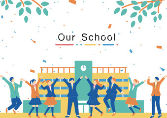 校舎の前で盛り上がる男女の学生たち