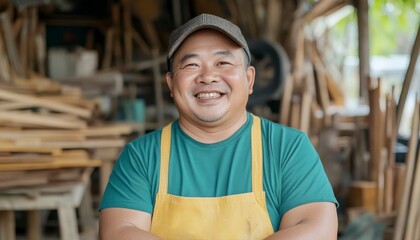Obraz premium Smiling Craftsman in a Wooden Workshop