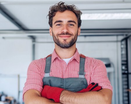 Smiling Craftsman in Red and Gray Overalls