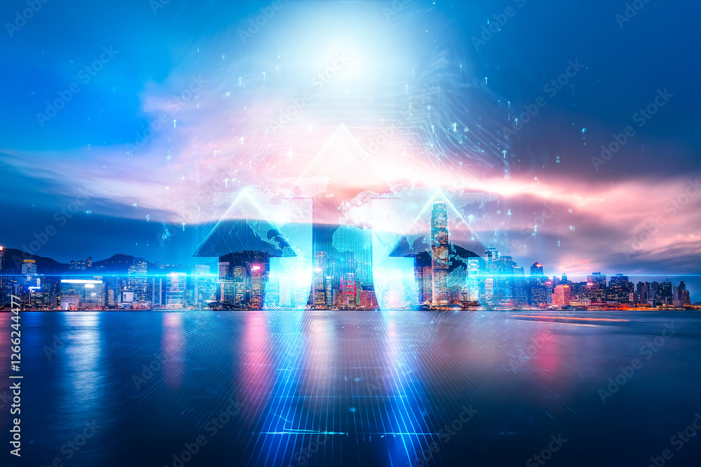 Aufkleber Hong Kong skyline with double exposure concept showing digital growth. Upward arrows and lines convey a growing, modern future in the vibrant city.