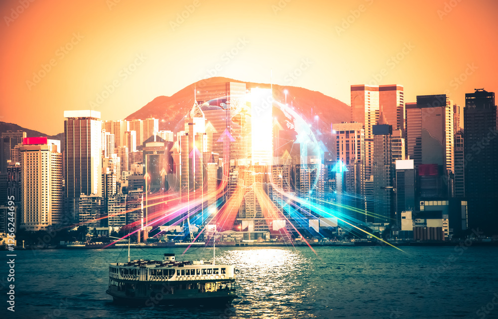 Poster hong kong cityscape with double exposure effect, symbolizing a growing up concept of urban developme