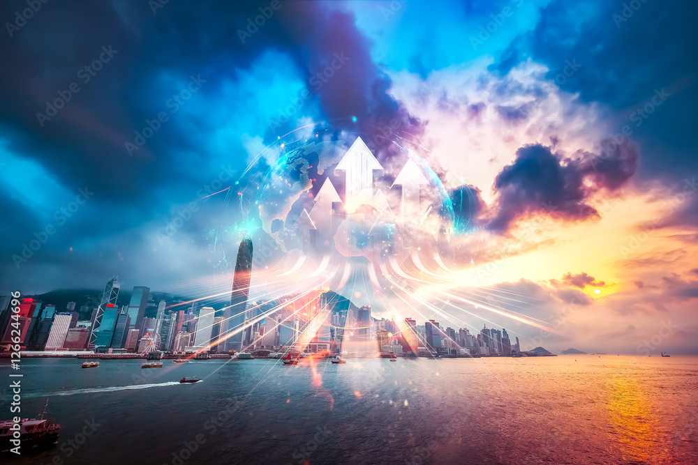 Poster double exposure concept showing hong kong's skyline with arrows growing upwards into the colorful sk