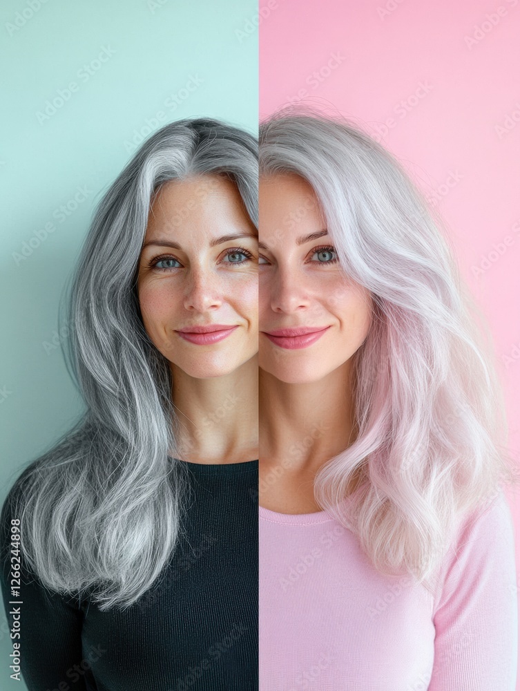 Poster transformation from gray to vibrant hair color for a fresh look with side by side comparison. genera