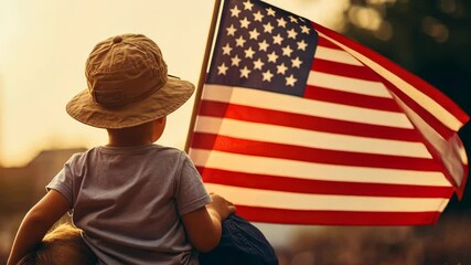 July 4th patriotic family. Constitution and Patriotism Day. A boy sits on his dad's shoulder with a U.S. flag. Generative 4k video.