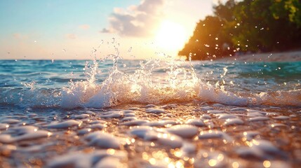 Sunset beach wave splash, tropical ocean, golden hour, relaxing vacation