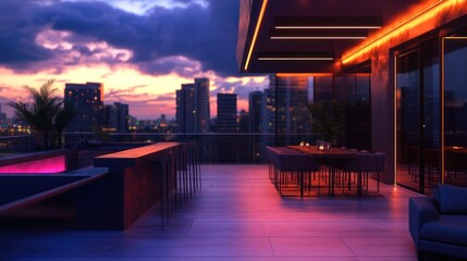 Obraz premium Rooftop luxury apartment with stunning sunset views over the city skyline