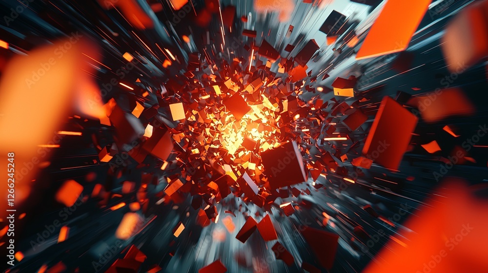 Aufkleber dynamic explosion of red and orange fragments in abstract space