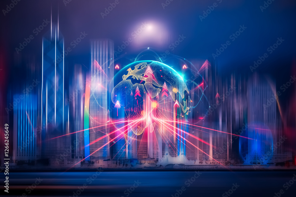 Poster double exposure concept showing hong kong skyscrapers with a glowing earth, representing growing up 