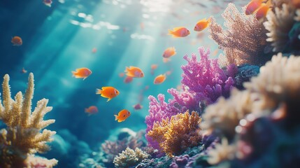 Fototapeta premium Vibrant Coral Reef With Orange Fish Swimming