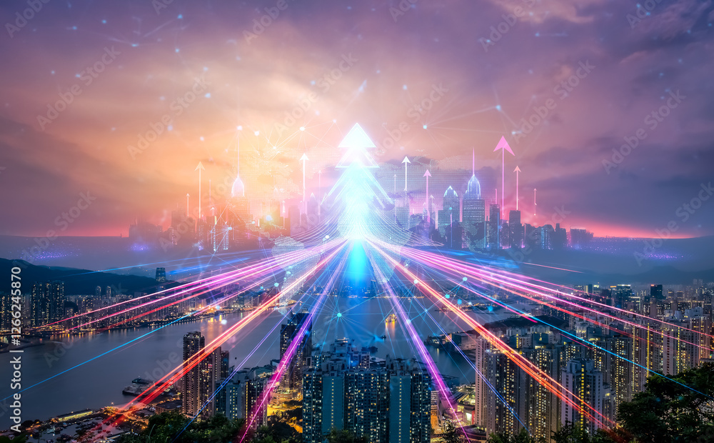 Poster hong kong cityscape with a double exposure concept showing growth. arrows point up from the city, sy