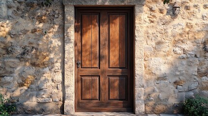 A closed wooden door in an old European house, antique doorway with rustic stone walls, vintage brown facade, historical exterior design, textured wood and stone, photorealistic