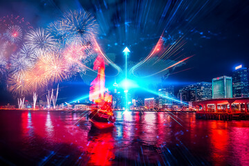 Hong Kong cityscape with vibrant fireworks display over water, using a double exposure effect. A concept of growing up and forward progress illuminates the night sky.