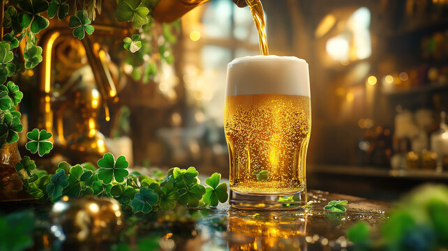 A bartender serving golden beer into a pint glass amid festive St Patrick’s Day decorations