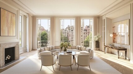 Minimalist living room with neutral tones and elegant decor, soft lighting, and copy space. --chaos 20