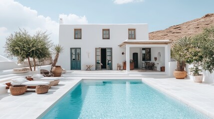 Fototapeta premium Aegean villa poolside relaxation, sunny hills backdrop, vacation rental