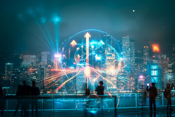 Obraz premium Hong Kong cityscape with double exposure effect showing arrows growing up, a concept of urban development and progress.