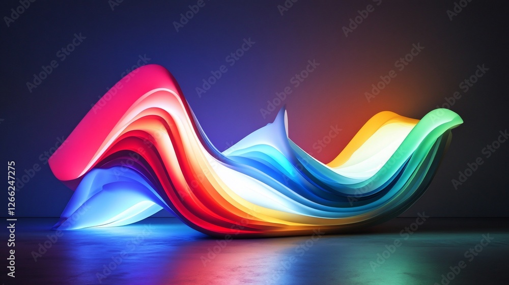 Poster abstract rainbow wave: glowing colorful layers in dark studio setting