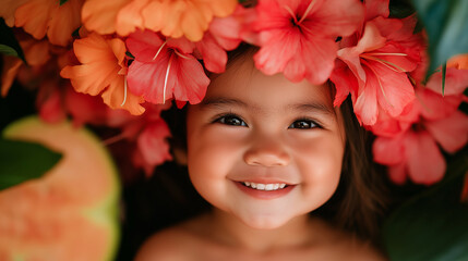 Smiling girl surrounded by tropical flowers and fruits