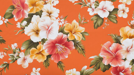 Colorful hibiscus flowers creating a tropical and exotic pattern on orange background