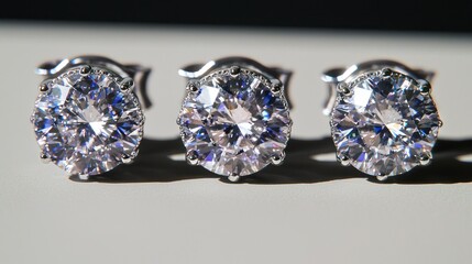 Elegant diamond stud earrings on a white display