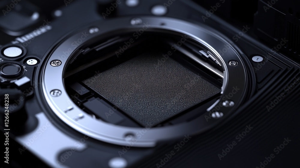 Poster close up view of a digital camera sensor, showcasing its intricate structure and highlighting the te