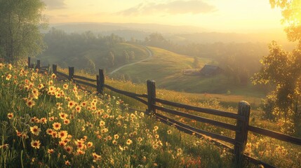 Obraz premium Golden Hour on the Meadow: Flowers and Hills, a Rustic Wooden Fence Frames a Serene Landscape bathed in Warm Sunlight, Leading to Distant Hills and a Quiet Homestead.