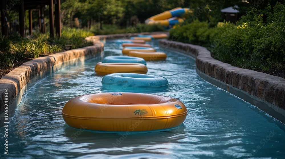 Poster colorful inner tubes float down a lazy river