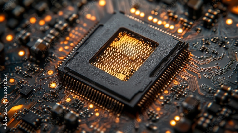 Poster high-resolution close-up of a microchip with golden interior and intricate circuit board connections