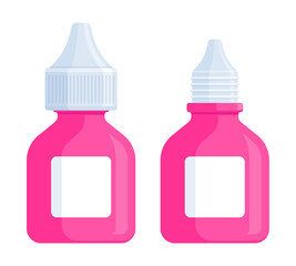 Set of closed and open pink medicine dropper bottles. Health, eye drops, ear drops, and medical product mockup concept. Flat vector illustration isolated on white background with copy space	