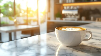 Fototapeta premium A latte art in a white mug on a marble table in a sunny cafe.