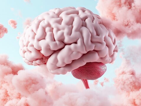 Pink Brain in Soft Pink Clouds: Surreal Digital Art