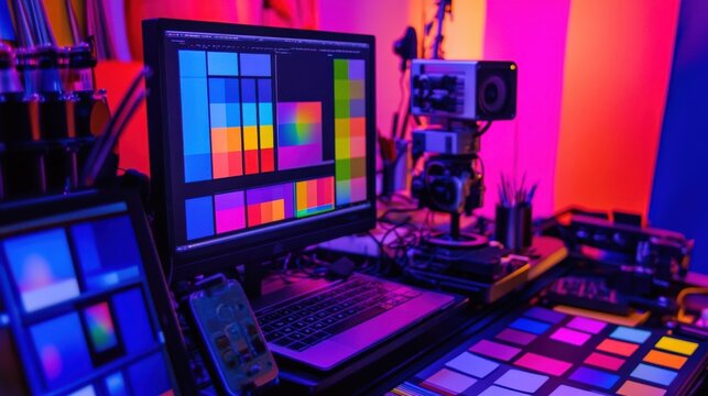 Color palettes and charts displayed on computer monitors and tablets in a video editing suite highlight the color grading and correction process in post production