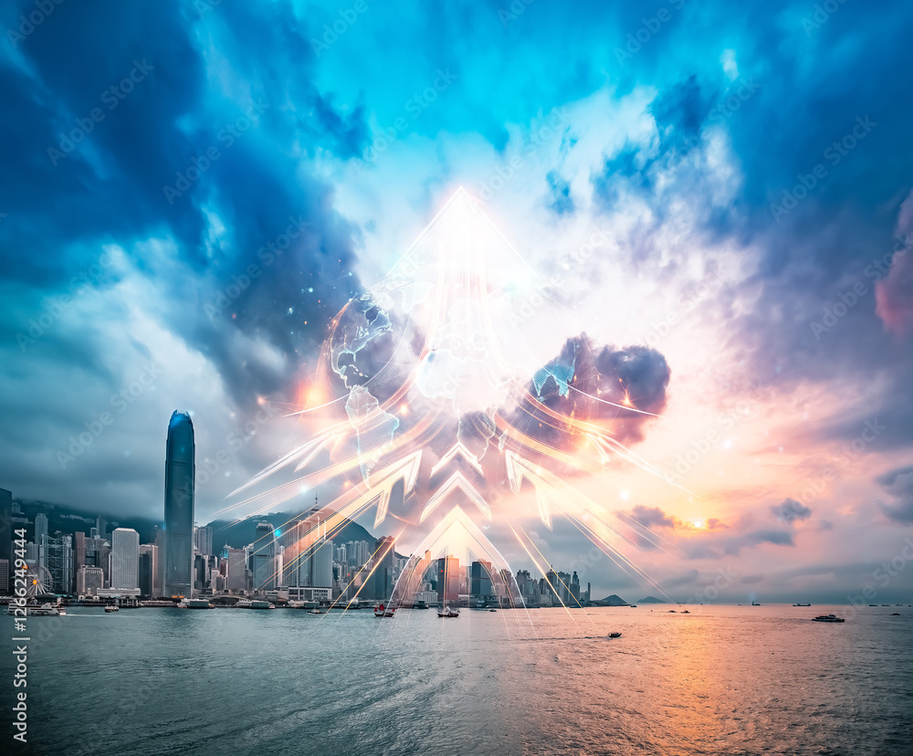 Fototapete hong kong skyline with a double exposure effect. arrows and light rays convey a growing up concept a