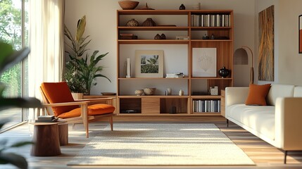 Fototapeta premium Modern Living Room Decor Featuring Wooden Furniture and Warm Tones