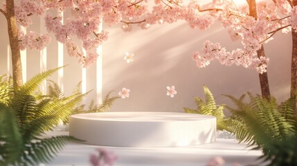 Modern 3D display stand surrounded by soft pink cherry blossoms, green ferns, and golden light, tranquil mood